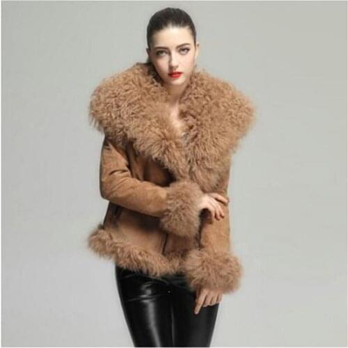 2020 new Women Real Fur Coat Real Leather Double Face Fur Natural Mongolia Sheep Fur Collar Streetwear Winter Jacket