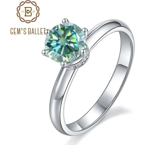 GEMS BALLET 1.0Ct 6.5mm Diamond Collar 6-Prong Round H&A Moissanite Engagement Ring 925 Sterling Silver Green Moissanite Ring