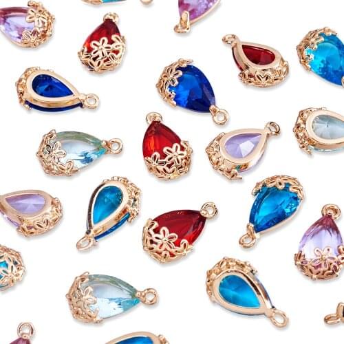 50pcs Transparent Glass Faceted Pendants 5 Colors Teardrop Floral Necklace Charms with Brass Findings for DIY Jewelry Making
