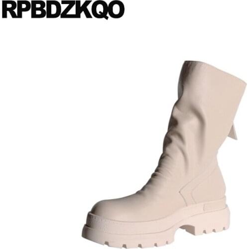 Women Ankle Boots 2021 Round Toe Shoes Creepers Platform Short Beige Zip Up Chunky Muffin Flatform Autumn Girls Harajuku Winter