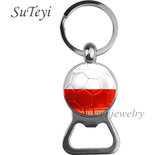 SUTEYI Beer Bottle Opener Key Chain Poland Germany Flag Soccer Key Ring Russia France Badge Mens Sport Mens Keychain Jewelry