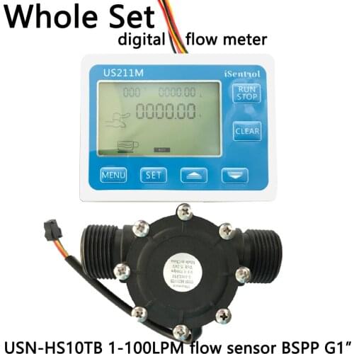 US211M Digital Flow Sensor Meter & USN-HS10TB PA66 Nylon and Fibre Glass Hall Flow Sensor Measurement 1-100L/minBSPP G1" Dijiang