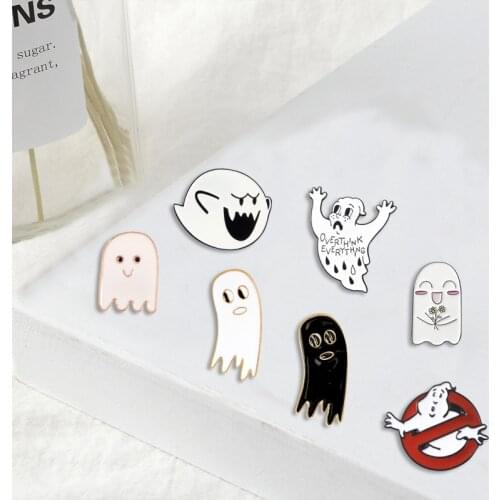 Cute Ghost enamel pin Custom Ghostbusters brooches Cartoon black white specter Lapel pins badges Shirt bag jewelry gift for kids