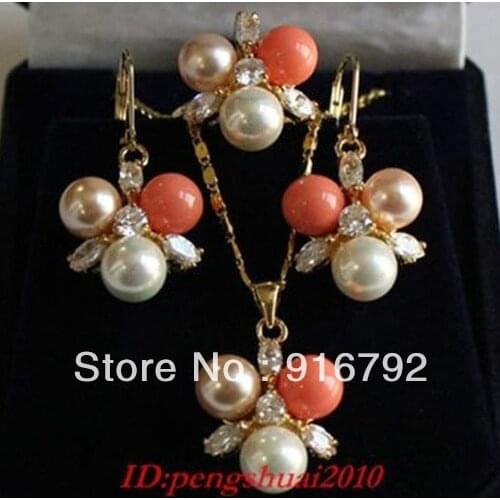 Free shipping >>>>Hot Charming White Pink Pearl Coral 18KGP Gold Crystal necklace earring ring set