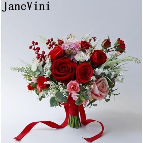 JaneVini Ramo Novias Red Wedding Flower Bouquet Vintage Gothic Bridal Artificial Pink Rose Bud Ribbon Bride Flowers Bouquets