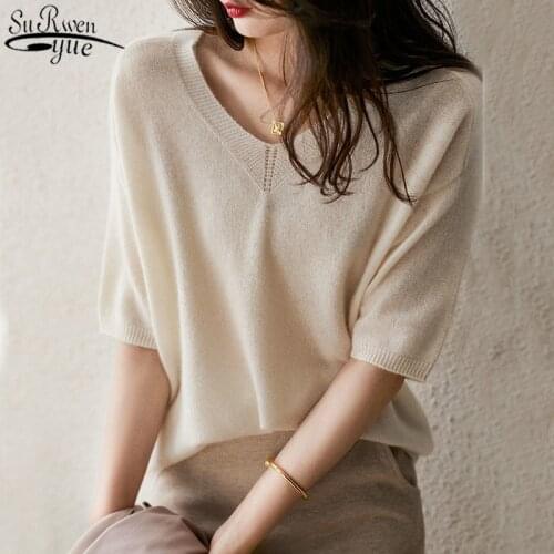 Cashmere Women Shirts Short Sleeve V Neck Loose Woman Blouses 2021 Plus Size Summer Knit Tops Fashion Female Blusas Mujer 13888