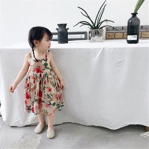 Summer Cotton Flower Sleeveless Strap Princess Beach Party Dress Children Clothes Lovely Casual Sundress