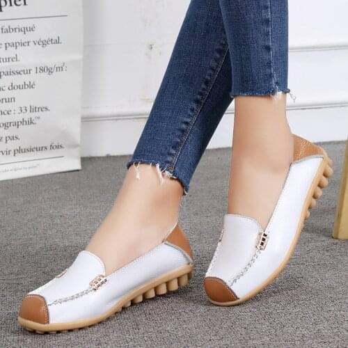 Women White Genuine Leather Shoes Slip On Female Platform Shallow Vulcanize Shoes Lady Footwear Work Loafers Large Size 35 42 44