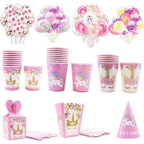 Cute Pink Balloons Unicorn Candle Disposable Tableware Paper Cup Plate Boy Girl Baby First Birthday Party Wedding Supplies Decor
