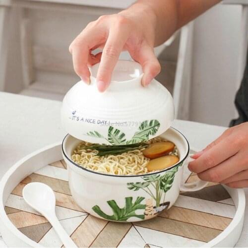 Cartoon Cute Animals Classical Creative Instant Noodles Bowl with Lid Ceramic Bowl Cute Student Job Bowl Soup Bowl