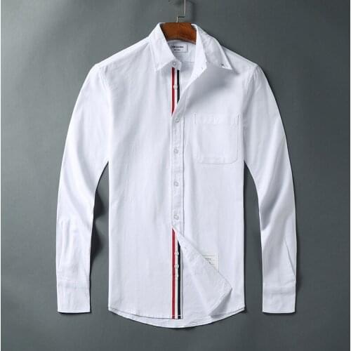 2021 Fashion TB THOM Brand Shirts Men Slim White Long Sleeve Casual Shirt Turn Down Collar Oxford Striped Solid Mens Clothing