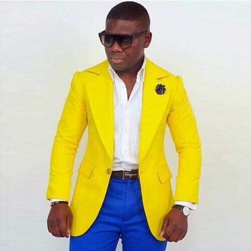 2021 Casual Yellow Jacket Royal Blue Pant Mens Suit One Button Groom Wedding Prom Party Dinner Tuxedos Custom Made 2 Pieces Set