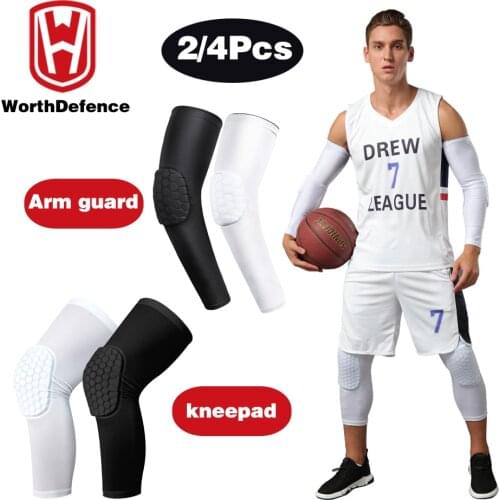 Worthdefence 2PCS Basketball Knee and Elbow Pads Protector Compression Arm Sleeve Brace Kneepad Fitness Volleyball Joint Support