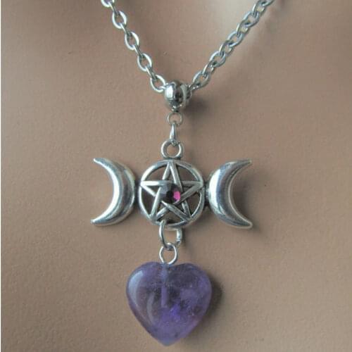 Natural Heart Shaped Purple Quartz Triple Moon Necklace Witchcraft Pagan Witch Jewelry Womens Gorgeous Accessories