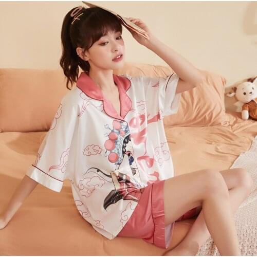 Womens Homedress Pajamas Sets Short Sleeve Shorts Ice Silk Nightgown Turn-down Collar Sleepwear Silk-like Fabric Home Clothing