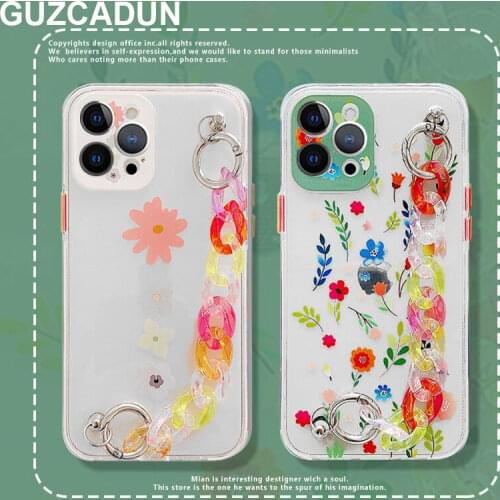 Transparent Soft TPU Flower Pattern Phone Cases for Iphone 12 11 Pro Max 7 8 Plus Xs Max X Xr Cover with Color Chain Bracelet
