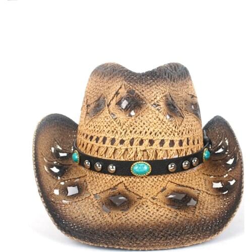 Straw Hollow Western Cowboy Hat Women Men HandmadeFedora Sombrero Hombre Beach Cowgirl Jazz Sun Hat Size 56-58CM