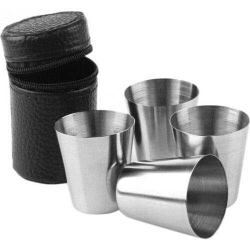 30ml Stainless Steel Wine Glass Travel Outdoor Mini Drinking Cups Wine Beer Whiskey Mug+Leather Cover Bag Kitchenware 4pcs/set