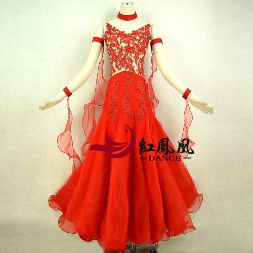 Standard Ballroom Dress Women New Of 2017 Custom Made Red High-necked Long Sleeved Waltz Ballroom Dance Competition Dresses