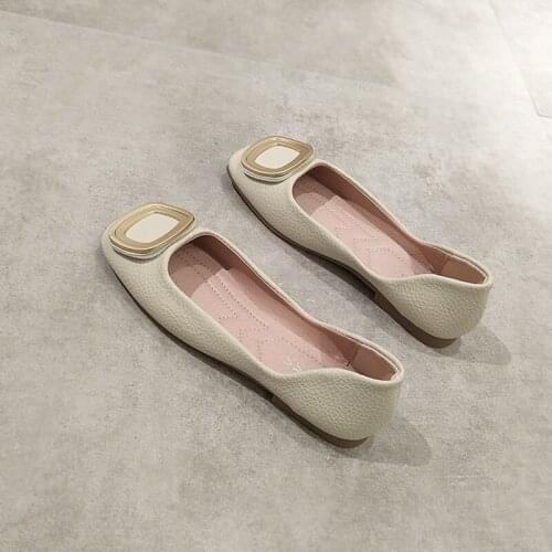 Spring Flat Square Toe Single Shoes Shallow Mouth Flat With Soft Sole Granny Shoes Peas Shoes Metal Buckle Comfortable Shoes
