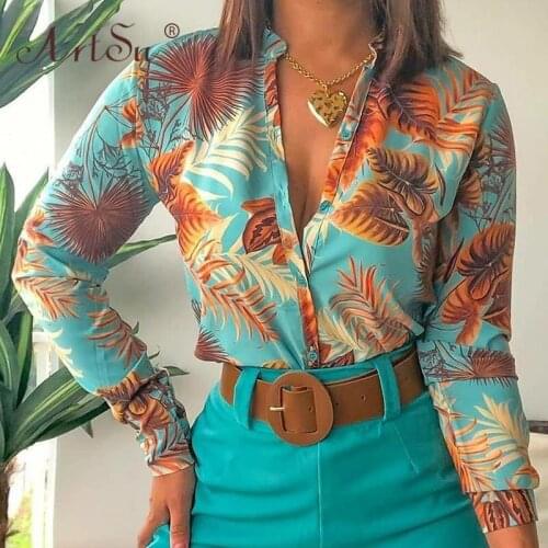 ArtSu Women Long Sleeve Floral Printed Tie Knot Top Blouse Casual Spring Autumn Shirts Blusas Deep V-Neck Sexy Lady Blouses