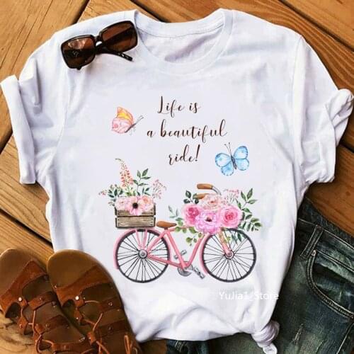Life Is A Beautiful Ride Bicycle With Flowers Graphic Print Women T-Shirt Watercolor Flowers Butterful Tshirt Femme Summer Tops