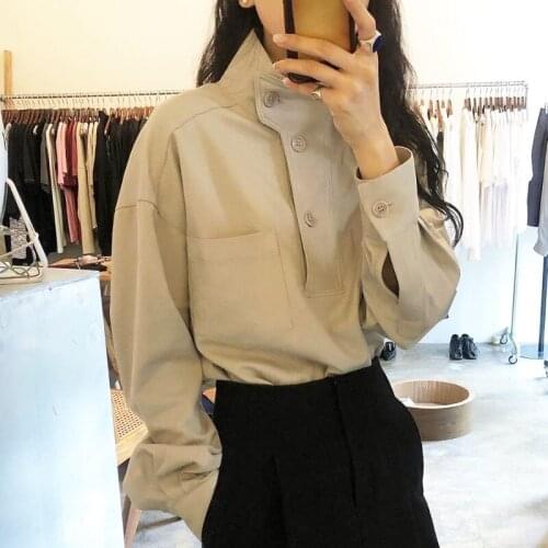 Women Autumn New Blouse Pocket Stand Collar Korean Chic Solid Color Casual All-match Long-Sleeved Shirt Top Female HK004