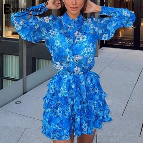 Everkaki Boho Floral Print Outfits Women Summer Long Sleeve Shirts and Ruffles Mini Skirt 2PCS Sets Suits Female 2021 Autumn New