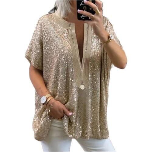 Women Fashion Sequins Loose Pullover Club Party Tops 2021 Summer V-neck Short Sleeve Casual T-shirts Female Stylish Streetwear