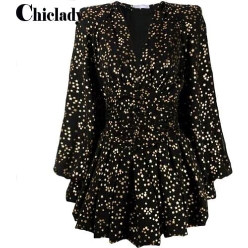 CHICLADY designer style v-neck long lantern sleeve black gold star printed mini dresses for women spring summer buttons vestidos