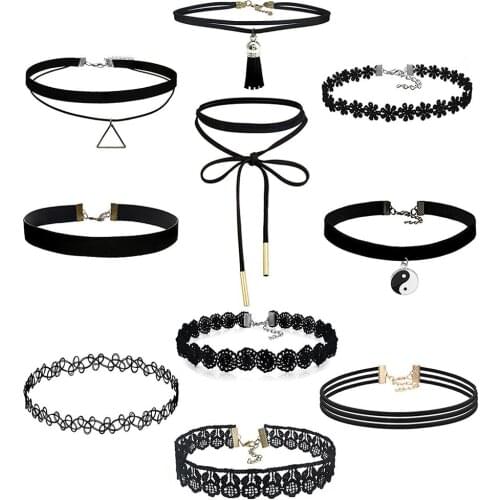 10 Pcs/set Choker Necklaces Set Gothic Tattoo Black Lace Leather Velvet Neck Jewellery Women Collar Femme Charms Necklace 2021