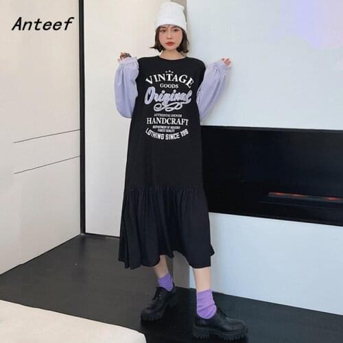 Anteef long sleeve plus size black cotton mesh dresses for women casual loose spring autumn dress elegant clothing 2021