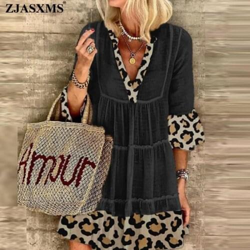 Women V Neck Leopard Print Patchwork Mini Dress 2021 Autumn 3/4 Flare Sleeve Pleated Party Dress Spring Loose Office Lady Dress