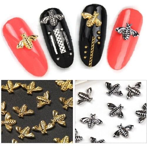 Shellhard 10pcs Bee Nail Decor Gold Silver Design Alloy Charms 3D Nail Art Tips DIY Fingernail Decoration Manicure
