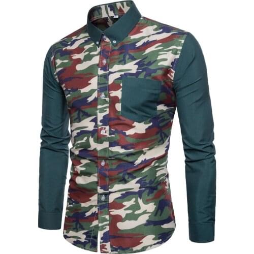 2018 New Listing Mens Dress Shirts Casual Slim Long Sleeve Shirt Mens Brand Camouflage Splicing Shirts M-XXL YAOYJH