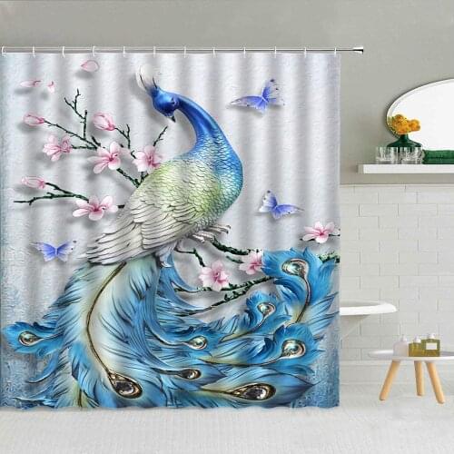 3D Pretty Peacocks Blue Flowers Green Leaves Shower Curtain High Quality Frabic Bathroom Supplies Home Decor With Hooks Washable