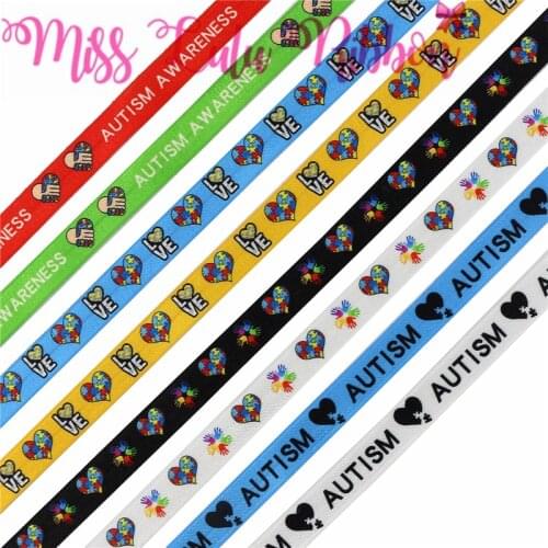 5/8"16mm Autism Awareness Series Love Heart Printed Fold Over Elastic Ribbon DIY Hair Bowknots 50yards/roll
