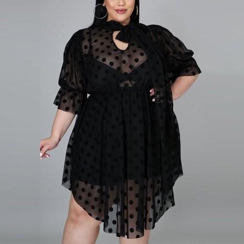 Black Sexy Transparent Dress Womens Large Big Size Short Sleeve Polka Dot Print High Waisted Asymmetrical Elegant Evening Dress