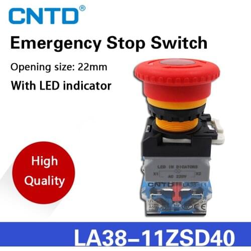 CNTD LA38 Emergency Stop Light Power 22mm Switches Mushroom Head on Off Pushbutton Led Switch LA38-11ZSD40 220V 24V LAY38-11D