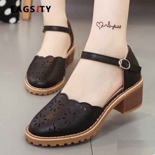 EAGSITY women heel Sandals Block Heel round Toe ankle strap Fashion party dancing office ladies gladiator sandals