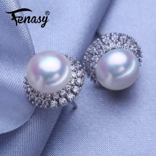 FENASY Natural Freshwater White Pearl Geometric Silver Color Stud Earrings Wedding Engagement Jewelry