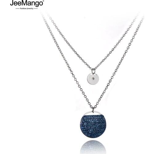 JeeMango Trendy Bohemia Titanium Steel Double Layers Dark Blue Rhinestone Round Shape Choker Necklaces For Women JN19168