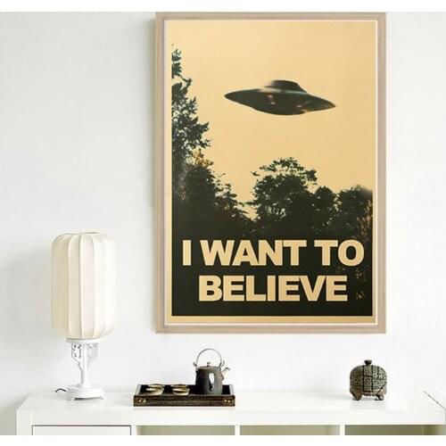 I Want To Believe Painting Vintage UFO Wall Poster Classic Bar Hanging Picture Retro Frameless Wall Sticker Home Decor 51.5X36cm