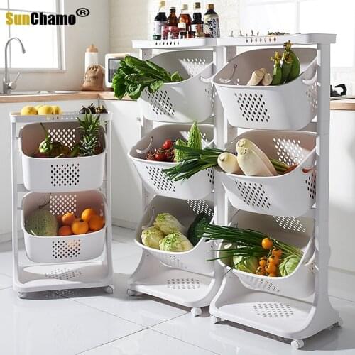 Kitchen Storage Rack Floor Household Multi-layer Fruit Basket Vegetable Basket Seasoning Toy Storage Rack Plastic Mobile Pulley