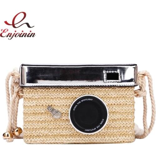 Holiday Fashion Straw Camera Design Ladies Casual Shoulder Bag Tote Crossbody Mini Messenger Bag For Female Purse Bolsa Flap