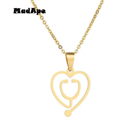 MadApe 316L Stainless Steel Fashion Heart Pendants Necklace For Women Gold/Silver Color Sweater Chain Stethoscope Pendants