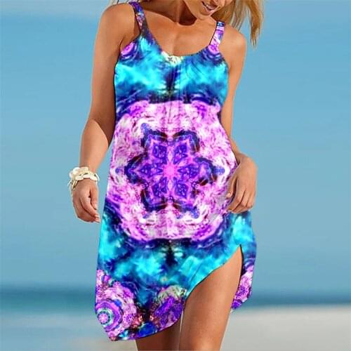 Papertiger Blue And Red Stitching Graffiti Snowflake Print Fashion Ladies Summer Beach Dress