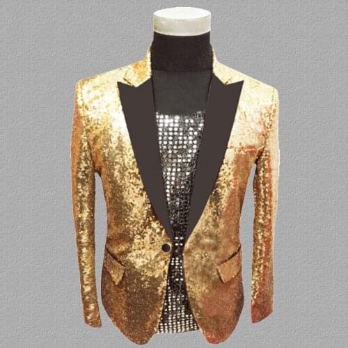 Gold sequins blazer men suits designs jacket mens stage costumes for singers clothes dance star style dress punk masculino homme