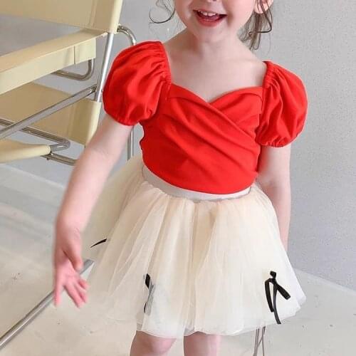 2021 Summer New Korean Style Baby Girls Solid Color T-shirts Off-shoulder Crisscross Front Puff Sleeve Tops Toddlers Kids Tees