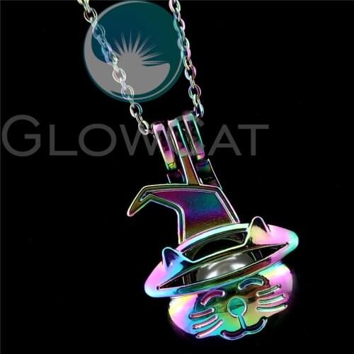 R-C845 Rainbow Colors Magic Hat Cat Beads Cage Pendant Essential Oil Diffuser Aroma Pearl Cage Locket Necklace
